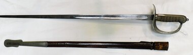 Sword with pointed tip and sheath.