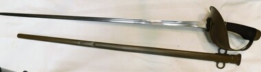 Long thin sword with leather scabbard.