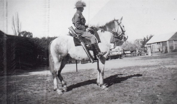 Soldier on horse with rifle in case.