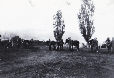 Soldiers and horses in paddock