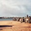 Line of Army tanks on edge of lake or sea.