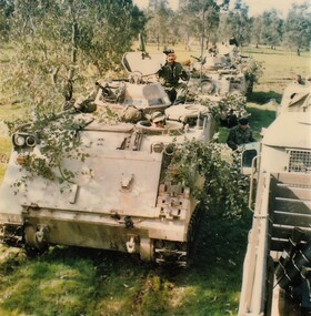 Two camouflaged armoured carriers in bushland 
