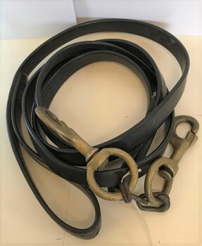 A long leather strap with two clips on the end