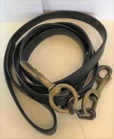 A long leather strap with two clips on the end