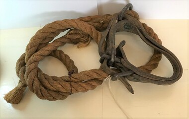 Length of rope with leather collar attached to one end.