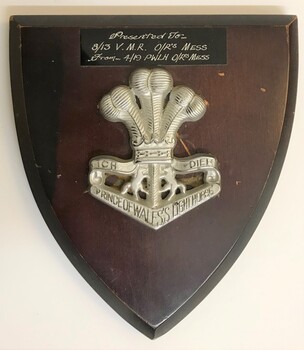 A wooden shield with a silver badge attached to it.