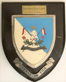 Wooden shield with coloured badge attached to it
