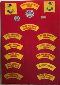 A cloth covered board with strips of cloth with embroidered names on them.