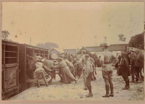 Soldiers pushing horses into rail wagon.