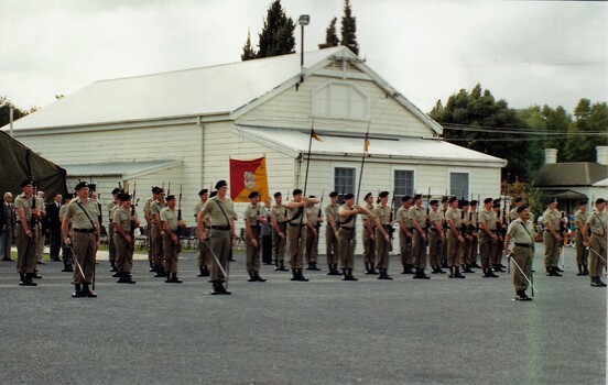 Soldiers with rifles, lances and swords.