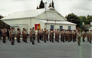 Soldiers with rifles, lances and swords.