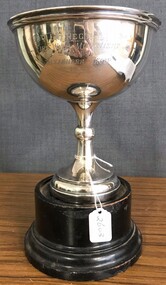 Silver cup with engraving on side.