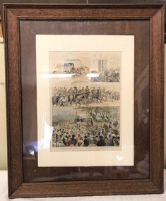 Framed coloured drawings of soldiers and crowds.