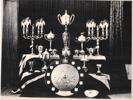 Photograph of collection of cups and trophies.