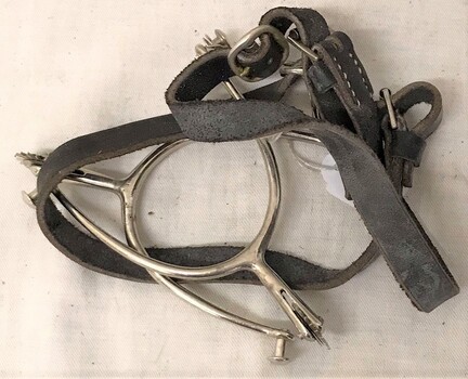 Metal spurs with leather straps.