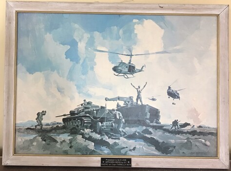 Tanks and helicopters in rough open field