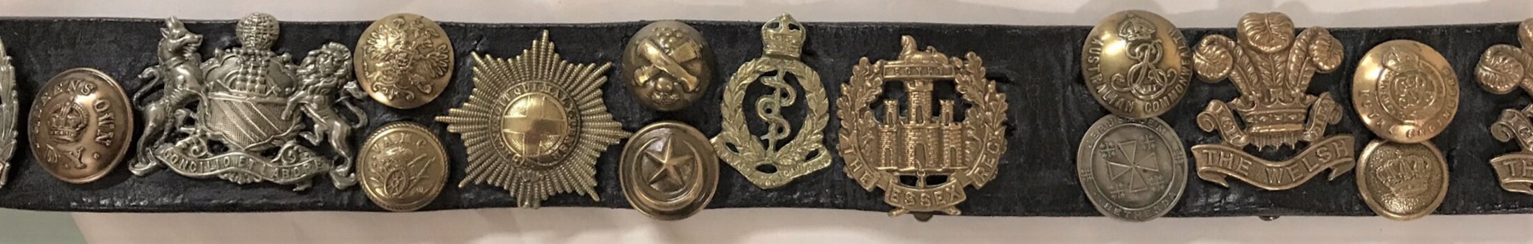 Portion of belt with badges on it