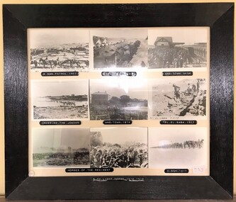 Nine photographs of soldiers in wooden frame