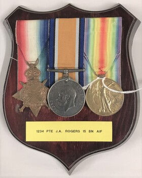 Wooden plaque with three medals attached to it.