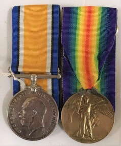 Two medals with coloured ribbons
