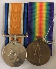 Two medals hanging from ribbons