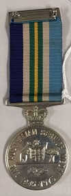 Round medal suspended on ribbon