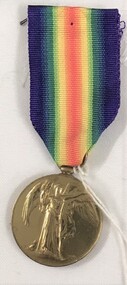 Round medal with coloured ribbon attached.