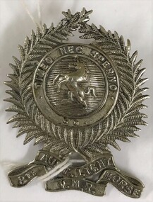Metal badge with a horse embossed on it.