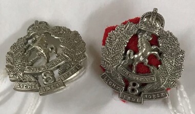 Two small badges featuring a horse