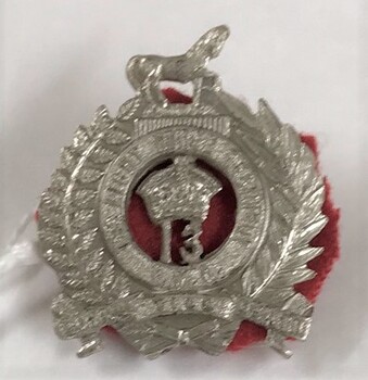 Small metal badge surmounted by horse
