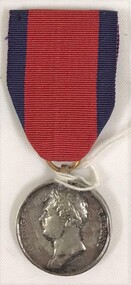 Silver medal with coloured ribbon attached.