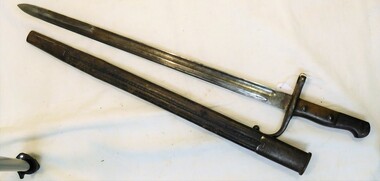 Long bayonet with hook and wooden handle.