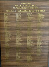 Stained board with names listed in four columns.