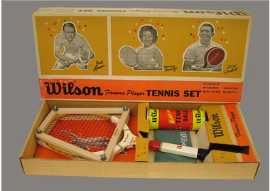 Racquet & cover,  Box,  Ball container,  Ball,  Racquet Press, Circa 1955