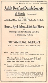 Annual Report, 38th Report of the Adult Deaf and Dumb Society of Victoria 1922