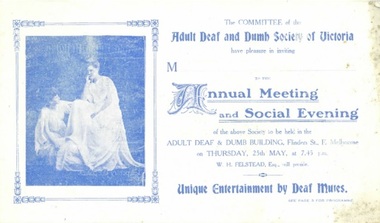 Invitation, Adult Deaf and Dumb Society of Victoria -  Annual Meeting and Social Evening