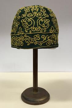 Green Cotton & Yellow Silk Ribbon Smoker's or Lounge Cap
