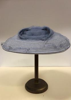 Striped Grey Straw & Net 'Cartwheel' Hat