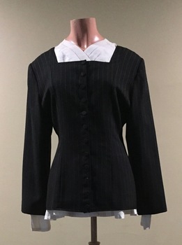 Charcoal Grey Pinstripe Wool Jacket, Grey Skirt and White Blouse by Theodore and Scanlan