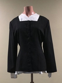 Charcoal Grey Pinstripe Wool Jacket, Grey Skirt and White Blouse by Theodore and Scanlan