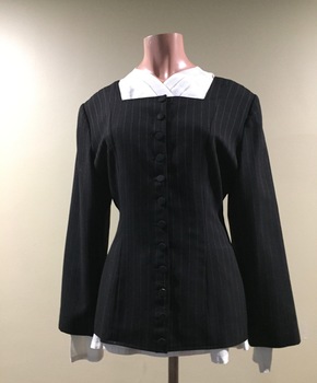 Charcoal Grey Pinstripe Wool Jacket, Grey Skirt and White Blouse by Theodore and Scanlan