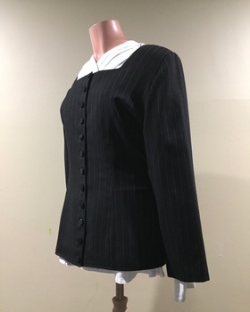 Charcoal Grey Pinstripe Wool Jacket, Grey Skirt and White Blouse by Theodore and Scanlan