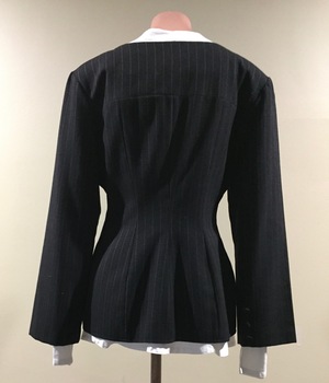 Charcoal Grey Pinstripe Wool Jacket, Grey Skirt and White Blouse by Theodore and Scanlan