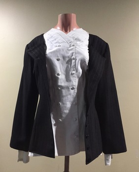 Charcoal Grey Pinstripe Wool Jacket, Grey Skirt and White Blouse by Theodore and Scanlan