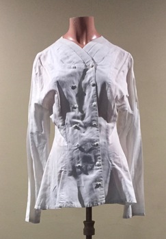 Charcoal Grey Pinstripe Wool Jacket, Grey Skirt and White Blouse by Theodore and Scanlan