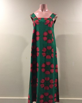 Green Cotton Summer Dress with Pink Tulip Pattern