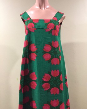 Green Cotton Summer Dress with Pink Tulip Pattern