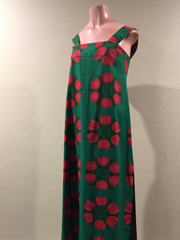 Green Cotton Summer Dress with Pink Tulip Pattern