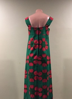 Green Cotton Summer Dress with Pink Tulip Pattern
