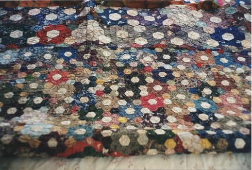 Silk Patchwork Quilt, Hexagon style, 1850-75